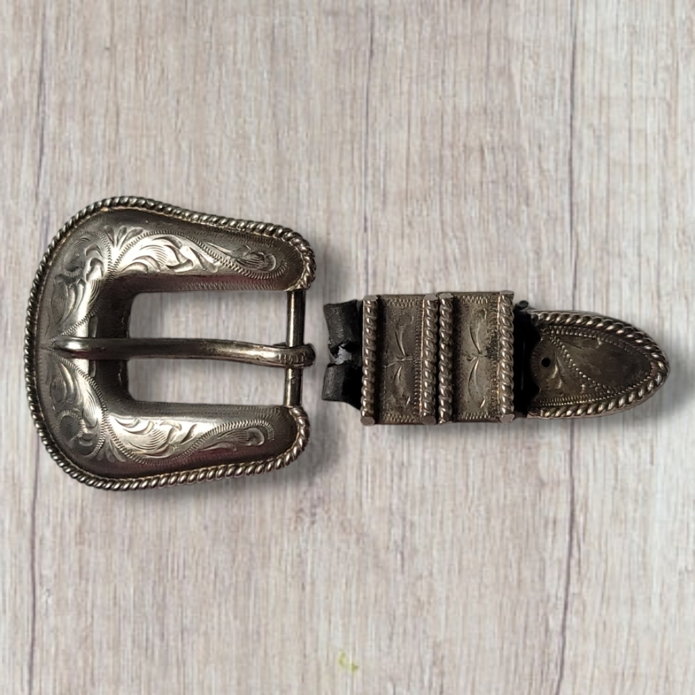 3/4" Sterling Silver Overlay Hand Engraved Rope Edge Buckle Set - 4 Piece